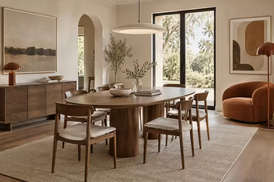 AI-generated scanditalia dining room interior design: Scandinavian restraint with Italian warmth: one curved sofa in terracotta or ochre boucle