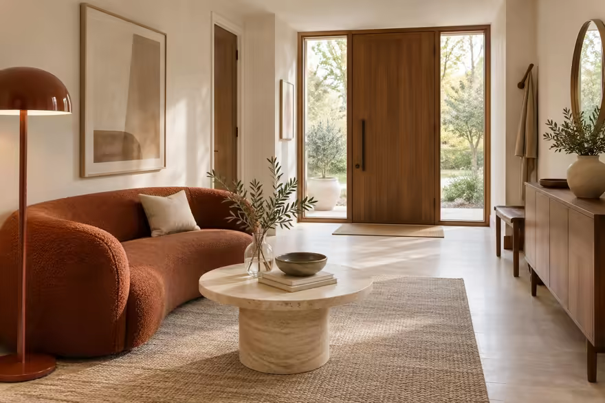 AI-generated scanditalia entryway interior design: Scandinavian restraint with Italian warmth: one curved sofa in terracotta or ochre boucle