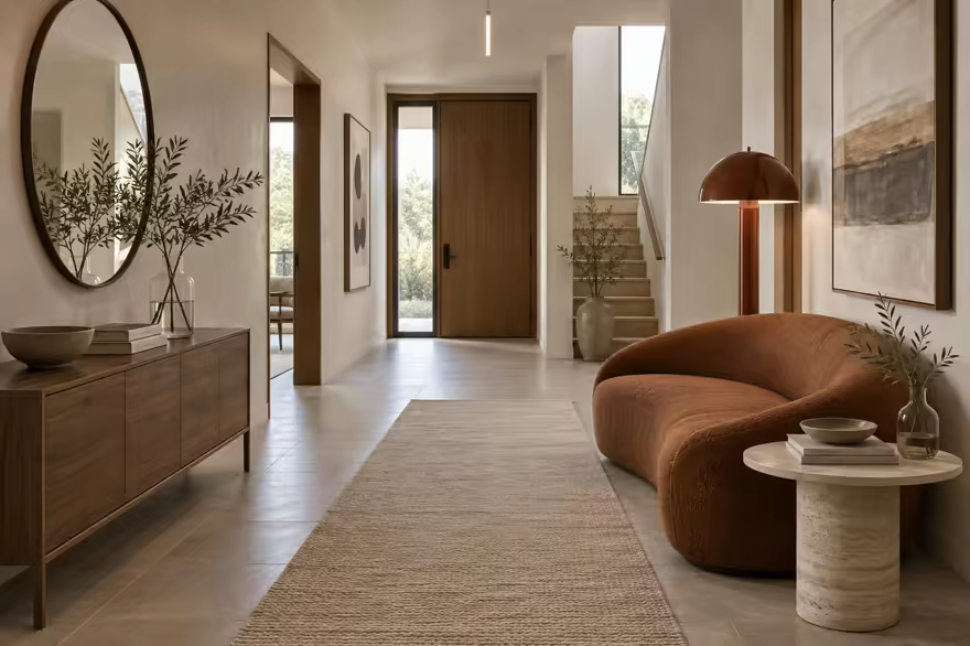 AI-generated scanditalia hallway interior design: Scandinavian restraint with Italian warmth: one curved sofa in terracotta or ochre boucle