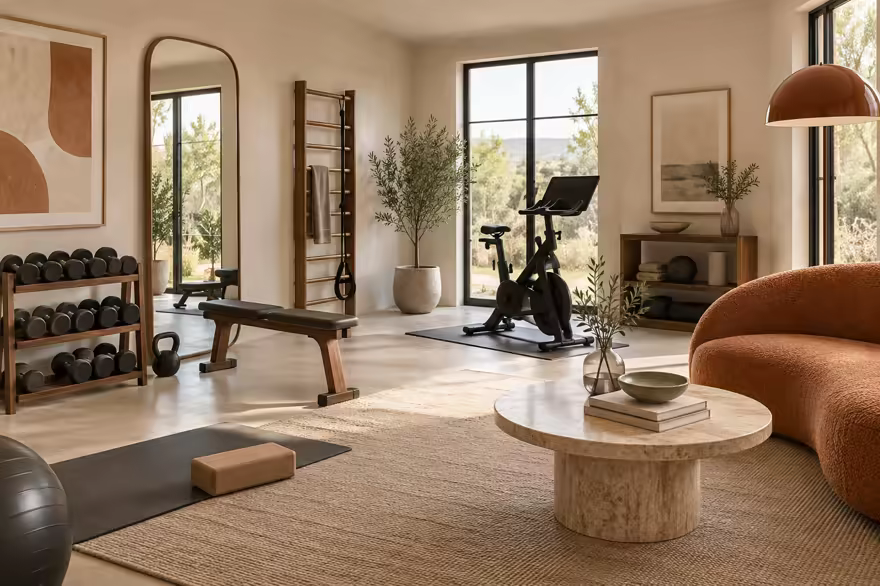 AI-generated scanditalia home gym interior design: Scandinavian restraint with Italian warmth: one curved sofa in terracotta or ochre boucle