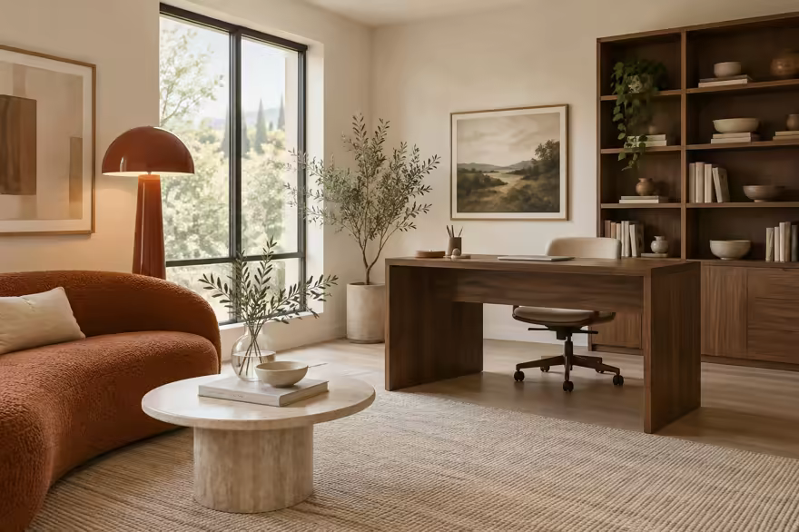 AI-generated scanditalia home office interior design: Scandinavian restraint with Italian warmth: one curved sofa in terracotta or ochre boucle