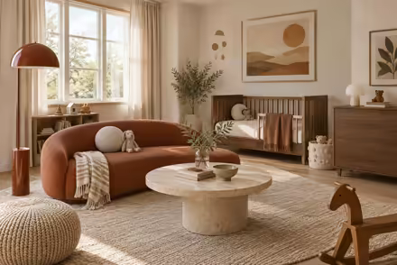AI-generated scanditalia kids room interior design: Scandinavian restraint with Italian warmth: one curved sofa in terracotta or ochre boucle