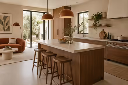 AI-generated scanditalia kitchen interior design: Scandinavian restraint with Italian warmth: one curved sofa in terracotta or ochre boucle