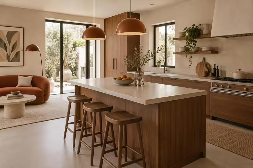 AI-generated scanditalia kitchen interior design: Scandinavian restraint with Italian warmth: one curved sofa in terracotta or ochre boucle