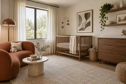 AI-generated scanditalia nursery interior design: Scandinavian restraint with Italian warmth: one curved sofa in terracotta or ochre boucle