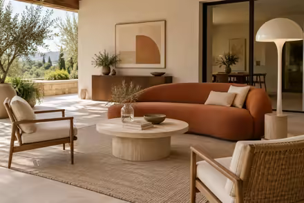 AI-generated scanditalia patio interior design: Scandinavian restraint with Italian warmth: one curved sofa in terracotta or ochre boucle