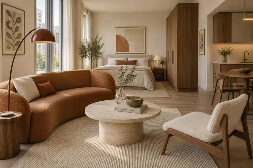AI-generated scanditalia studio apartment interior design: Scandinavian restraint with Italian warmth: one curved sofa in terracotta or ochre boucle