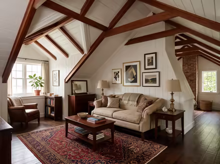 AI-generated traditional attic interior design: a classic rolled-arm sofa in warm neutral upholstery