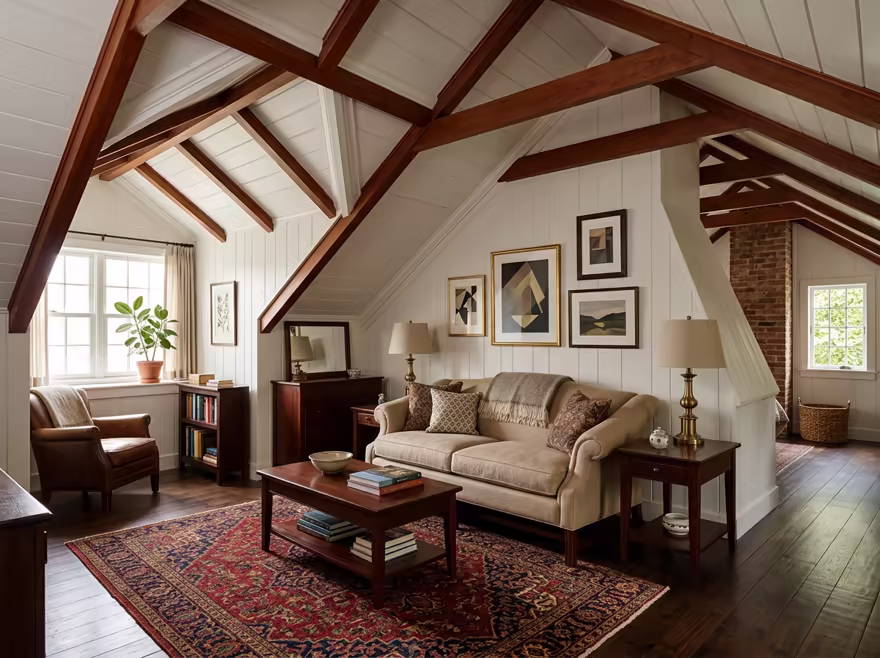 AI-generated traditional attic interior design: a classic rolled-arm sofa in warm neutral upholstery