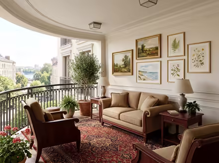 AI-generated traditional balcony interior design: a classic rolled-arm sofa in warm neutral upholstery