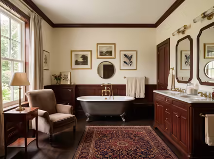 AI-generated traditional bathroom interior design: a classic rolled-arm sofa in warm neutral upholstery