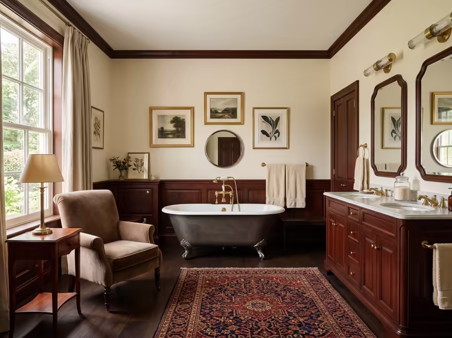 AI-generated traditional bathroom interior design: a classic rolled-arm sofa in warm neutral upholstery