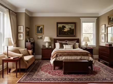 AI-generated traditional bedroom interior design: a classic rolled-arm sofa in warm neutral upholstery