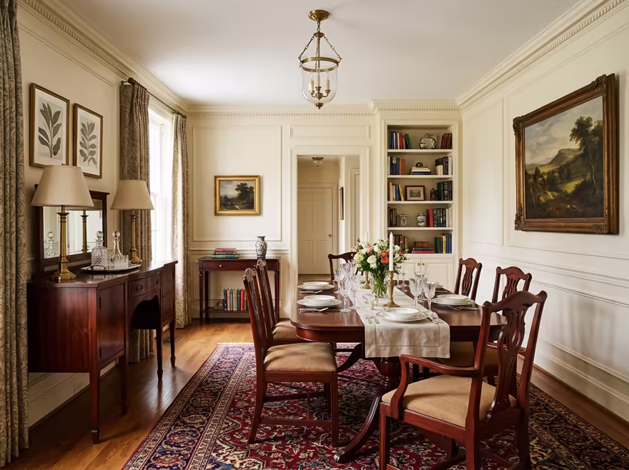 AI-generated traditional dining room interior design: a classic rolled-arm sofa in warm neutral upholstery