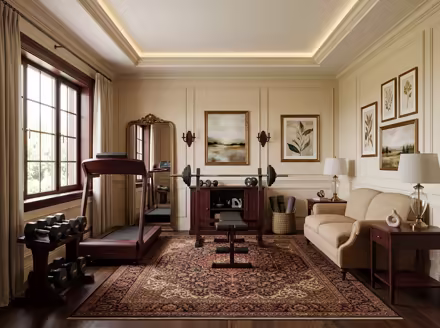 AI-generated traditional home gym interior design: a classic rolled-arm sofa in warm neutral upholstery