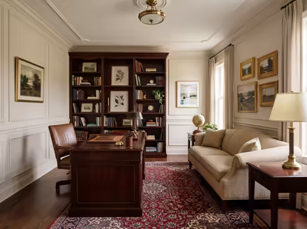 AI-generated traditional home office interior design: a classic rolled-arm sofa in warm neutral upholstery