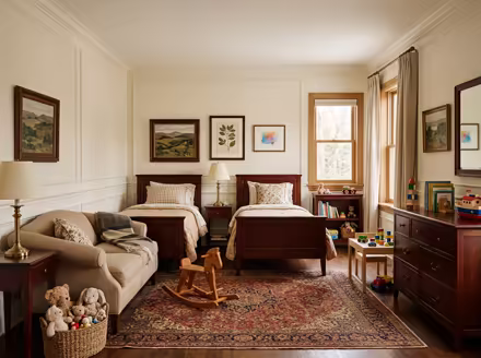 AI-generated traditional kids room interior design: a classic rolled-arm sofa in warm neutral upholstery