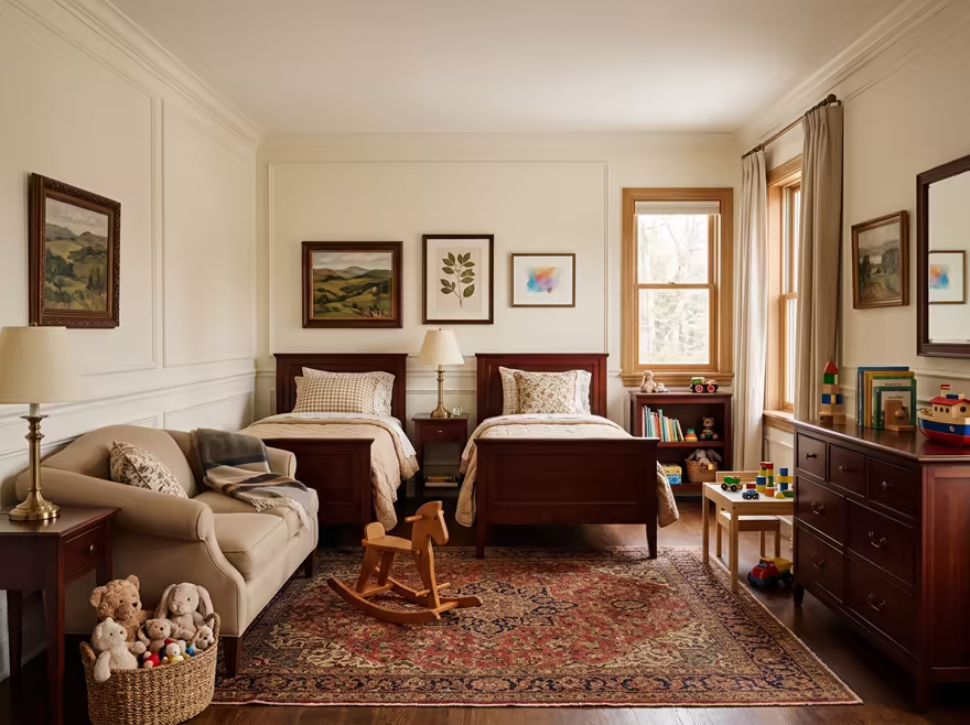 AI-generated traditional kids room interior design: a classic rolled-arm sofa in warm neutral upholstery