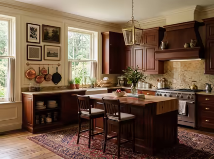 AI-generated traditional kitchen interior design: a classic rolled-arm sofa in warm neutral upholstery