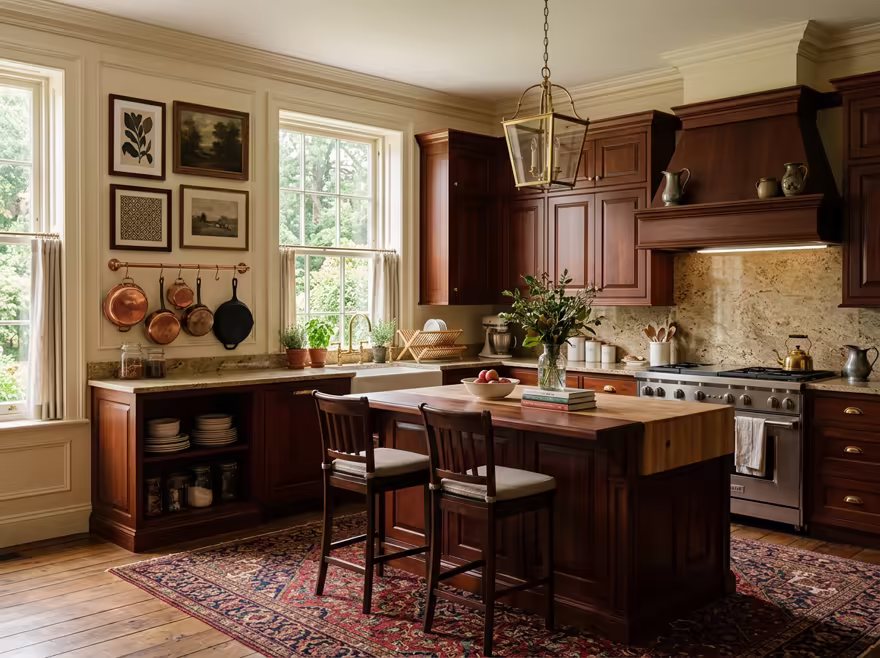 AI-generated traditional kitchen interior design: a classic rolled-arm sofa in warm neutral upholstery