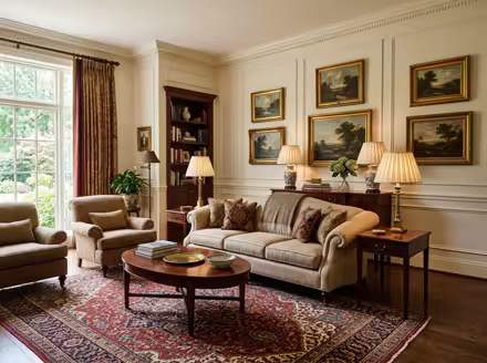AI-generated traditional living room interior design: a classic rolled-arm sofa in warm neutral upholstery
