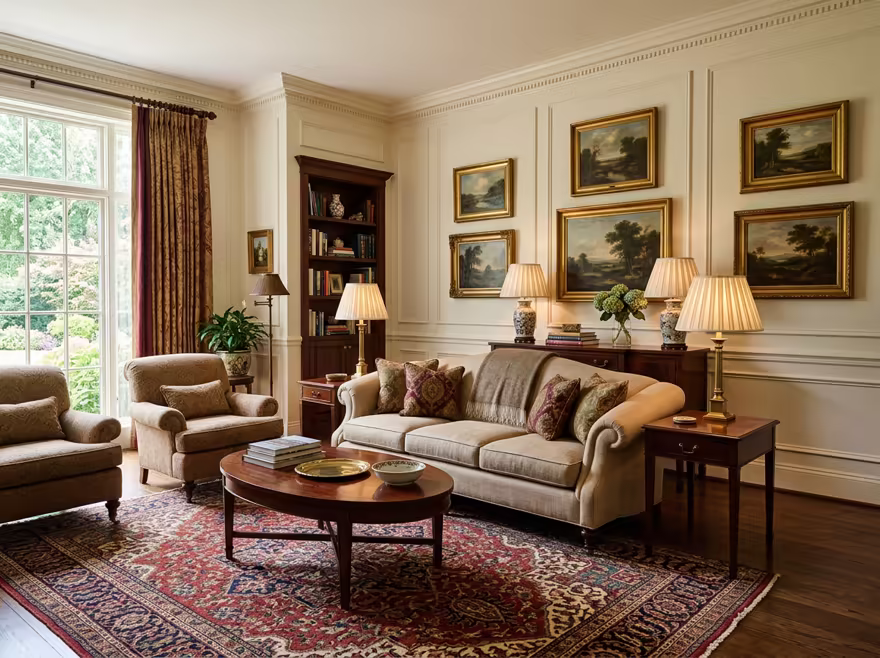 AI-generated traditional living room interior design: a classic rolled-arm sofa in warm neutral upholstery
