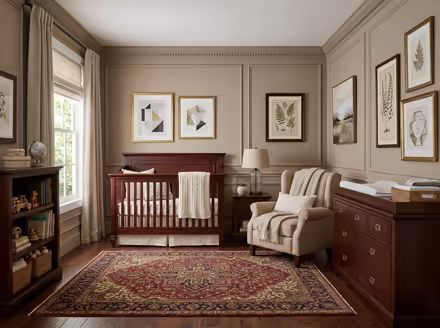 AI-generated traditional nursery interior design: a classic rolled-arm sofa in warm neutral upholstery