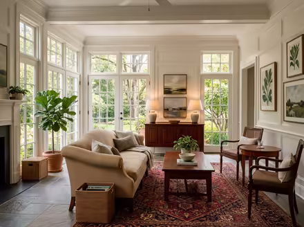 AI-generated traditional patio interior design: a classic rolled-arm sofa in warm neutral upholstery