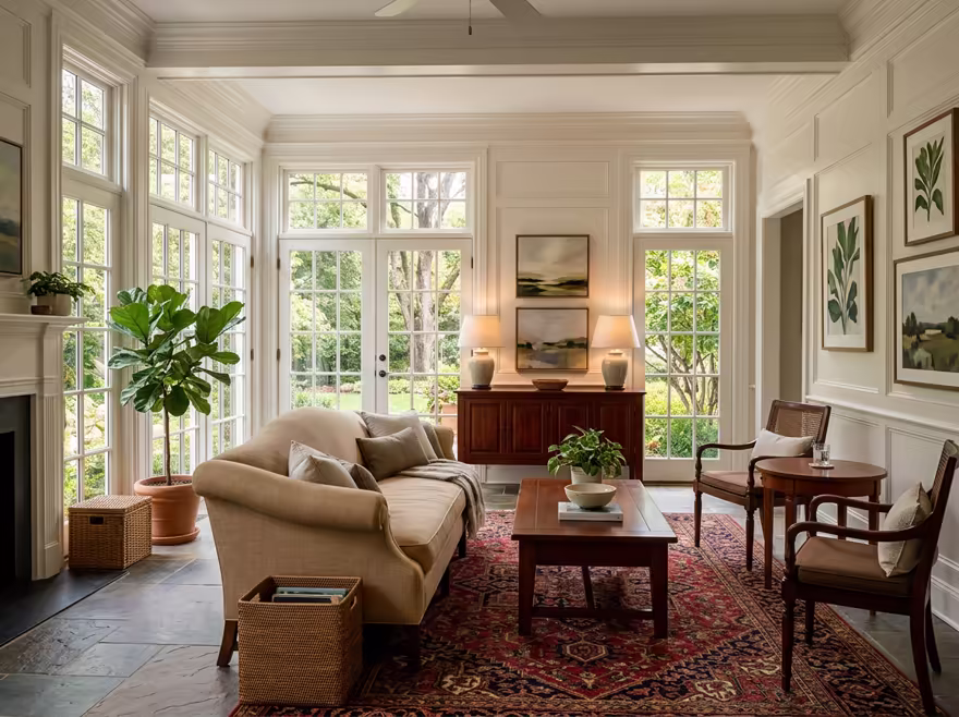 AI-generated traditional patio interior design: a classic rolled-arm sofa in warm neutral upholstery