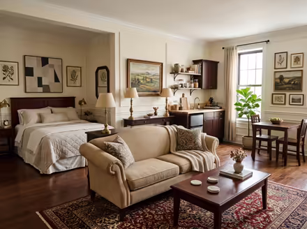 AI-generated traditional studio apartment interior design: a classic rolled-arm sofa in warm neutral upholstery