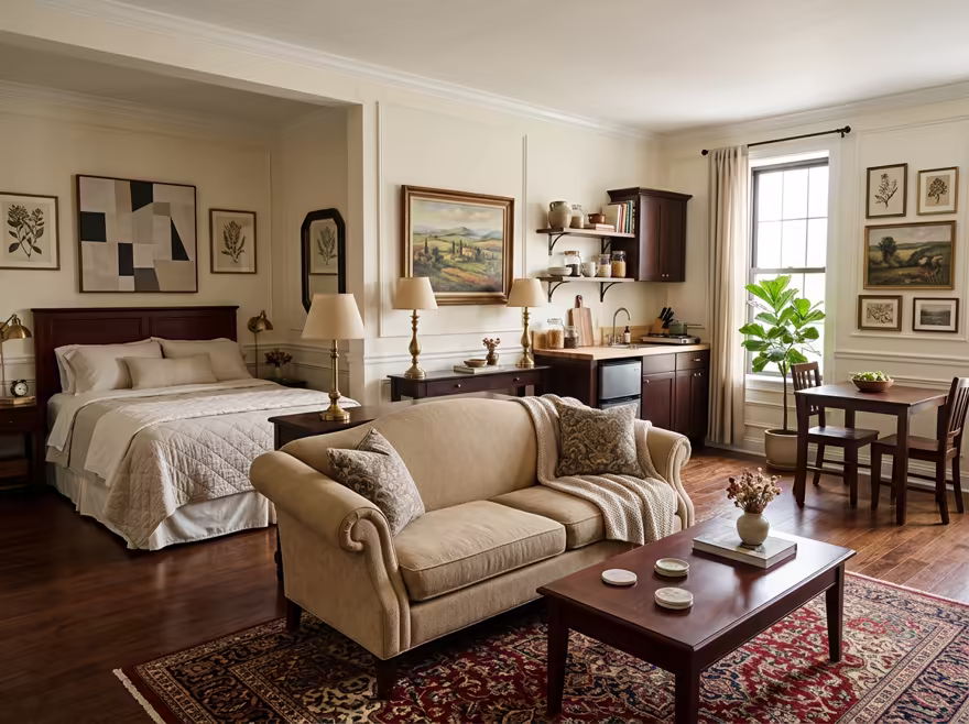 AI-generated traditional studio apartment interior design: a classic rolled-arm sofa in warm neutral upholstery
