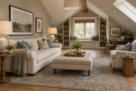 AI-generated transitional attic interior design: classic bones with clean lines: one rolled-arm sofa in warm ivory linen