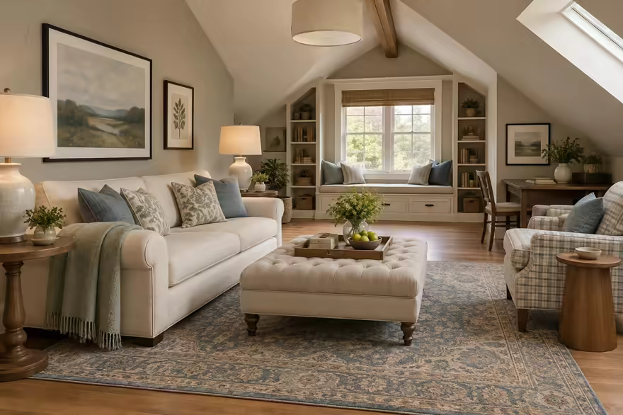 AI-generated transitional attic interior design: classic bones with clean lines: one rolled-arm sofa in warm ivory linen
