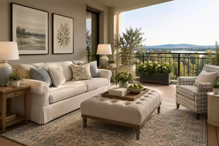 AI-generated transitional balcony interior design: classic bones with clean lines: one rolled-arm sofa in warm ivory linen