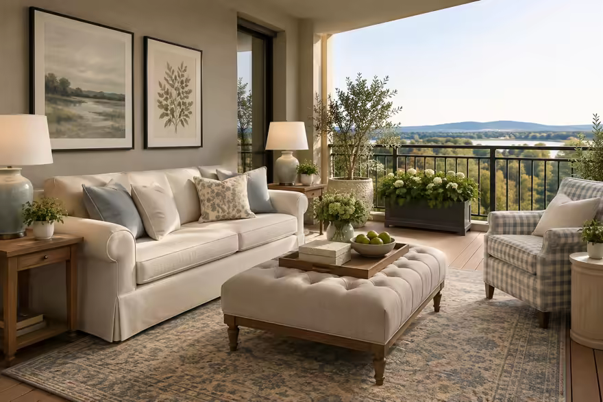 AI-generated transitional balcony interior design: classic bones with clean lines: one rolled-arm sofa in warm ivory linen