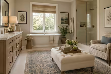 AI-generated transitional bathroom interior design: classic bones with clean lines: one rolled-arm sofa in warm ivory linen