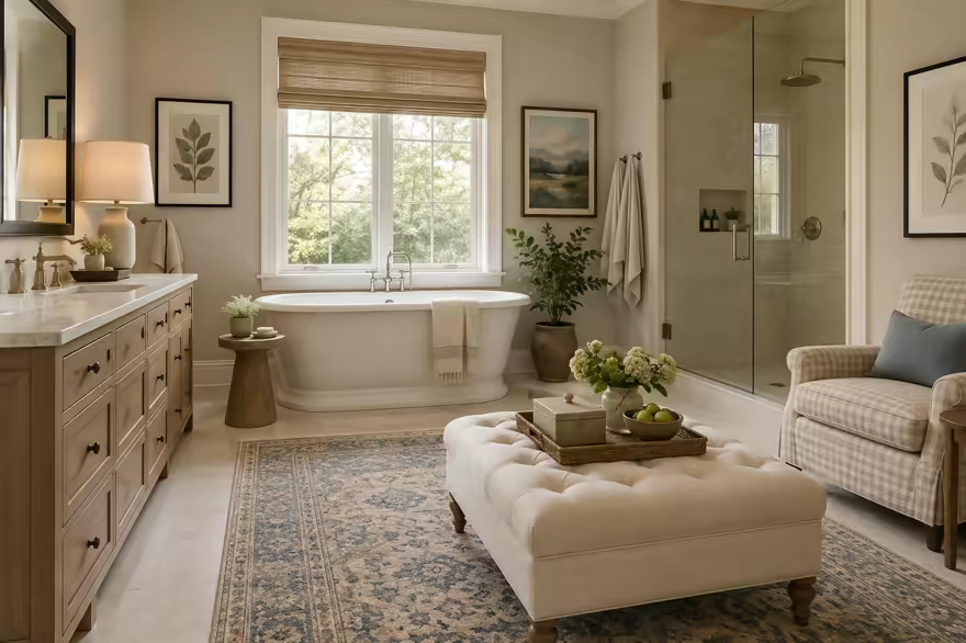 AI-generated transitional bathroom interior design: classic bones with clean lines: one rolled-arm sofa in warm ivory linen