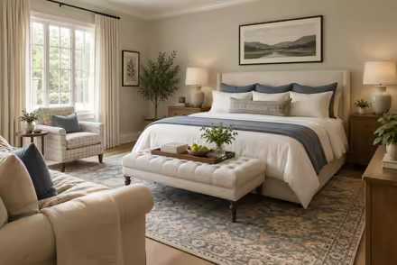 AI-generated transitional bedroom interior design: classic bones with clean lines: one rolled-arm sofa in warm ivory linen