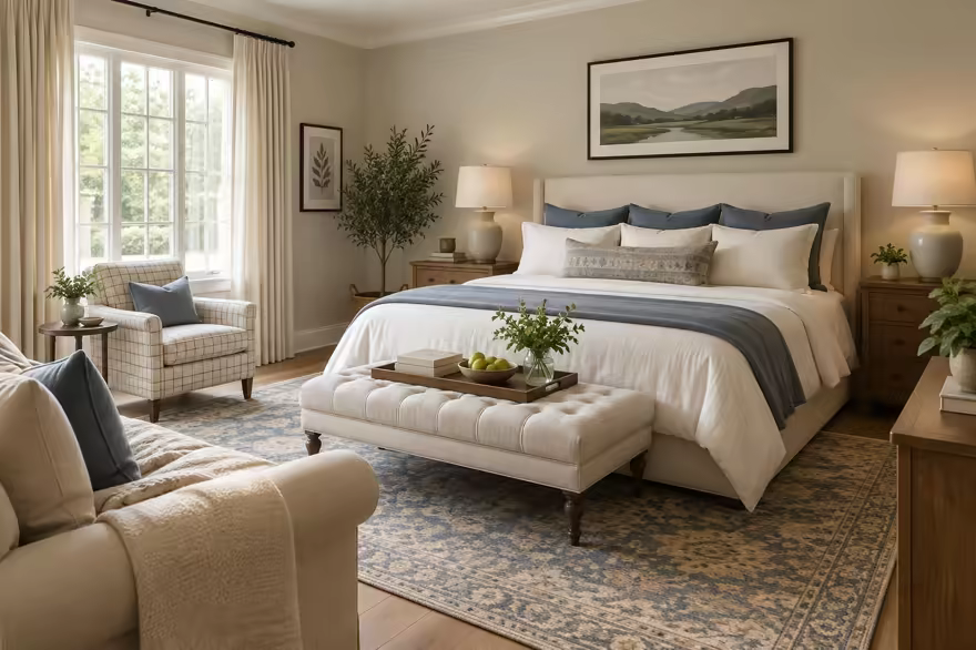 AI-generated transitional bedroom interior design: classic bones with clean lines: one rolled-arm sofa in warm ivory linen