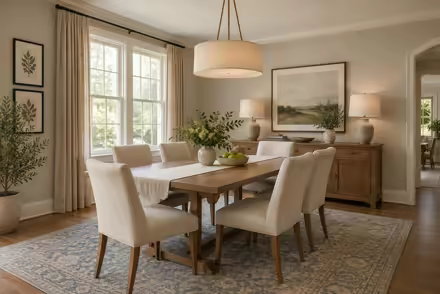 AI-generated transitional dining room interior design: classic bones with clean lines: one rolled-arm sofa in warm ivory linen