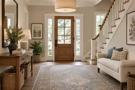 AI-generated transitional entryway interior design: classic bones with clean lines: one rolled-arm sofa in warm ivory linen