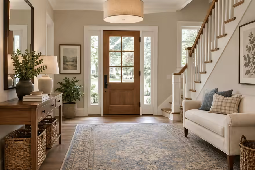 AI-generated transitional entryway interior design: classic bones with clean lines: one rolled-arm sofa in warm ivory linen
