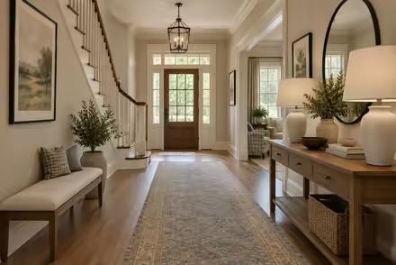 AI-generated transitional hallway interior design: classic bones with clean lines: one rolled-arm sofa in warm ivory linen