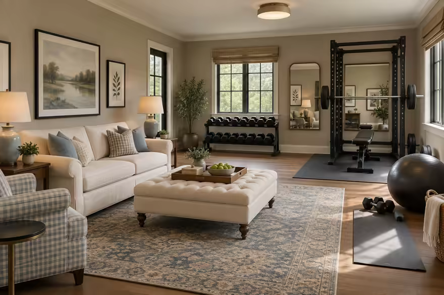 AI-generated transitional home gym interior design: classic bones with clean lines: one rolled-arm sofa in warm ivory linen