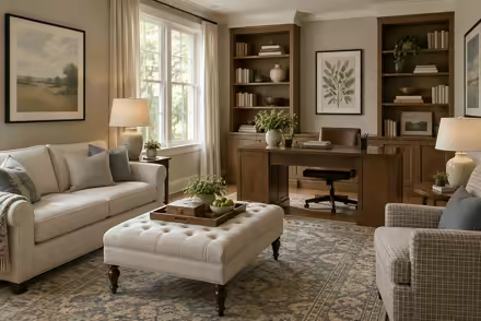 AI-generated transitional home office interior design: classic bones with clean lines: one rolled-arm sofa in warm ivory linen
