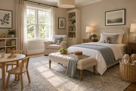 AI-generated transitional kids room interior design: classic bones with clean lines: one rolled-arm sofa in warm ivory linen