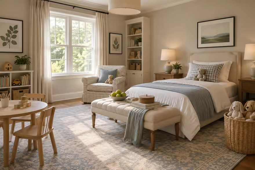 AI-generated transitional kids room interior design: classic bones with clean lines: one rolled-arm sofa in warm ivory linen