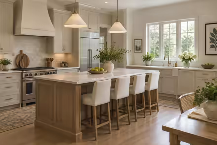 AI-generated transitional kitchen interior design: classic bones with clean lines: one rolled-arm sofa in warm ivory linen