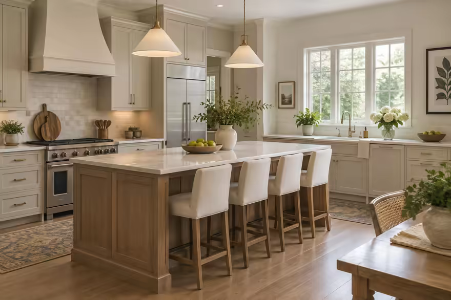 AI-generated transitional kitchen interior design: classic bones with clean lines: one rolled-arm sofa in warm ivory linen