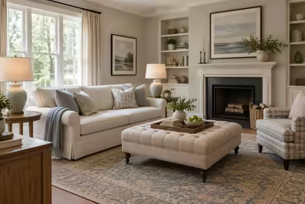 AI-generated transitional living room interior design: classic bones with clean lines: one rolled-arm sofa in warm ivory linen